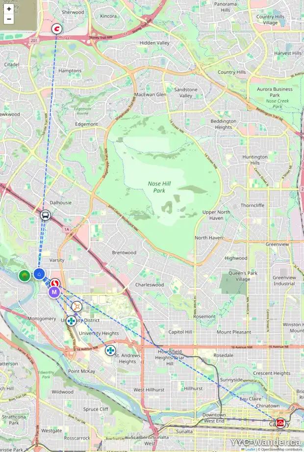 Daily accessibility map for 18 VARCOURT PL NW, Calgary showing nearby schools, grocery stores, parks, LRT stations and nearby amenities