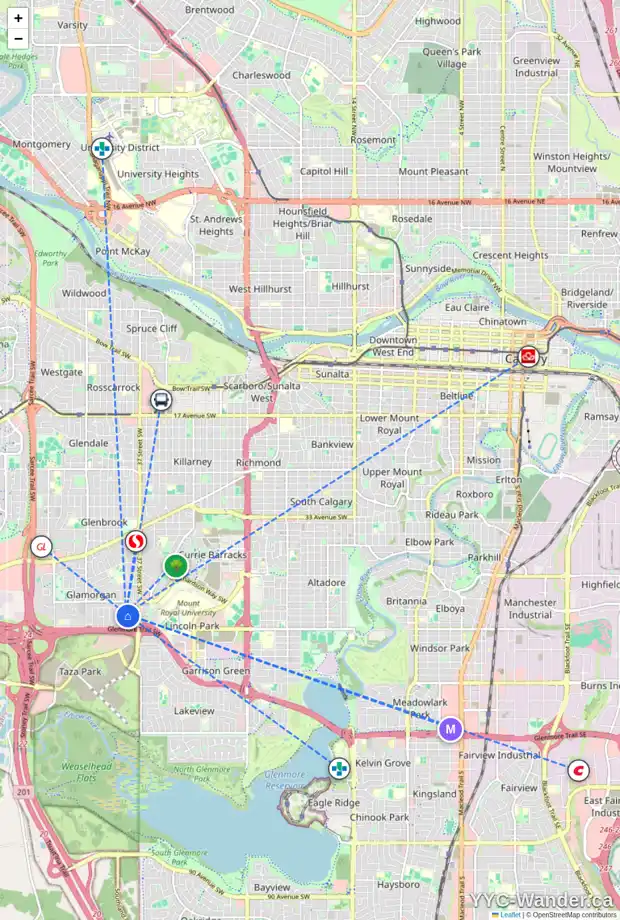 Daily accessibility map for 55 GALBRAITH DR SW, Calgary showing nearby schools, grocery stores, parks, LRT stations and nearby amenities