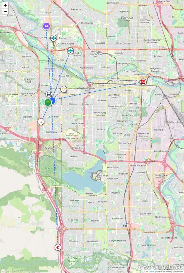 Daily accessibility map for 4519 GROVE HILL RD SW, Calgary showing nearby schools, grocery stores, parks, LRT stations and nearby amenities