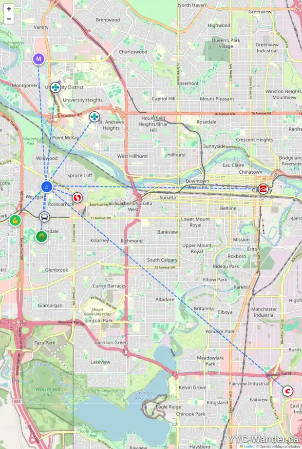 Daily accessibility map for 38 WARWICK DR SW, Calgary showing nearby schools, grocery stores, parks, LRT stations and nearby amenities