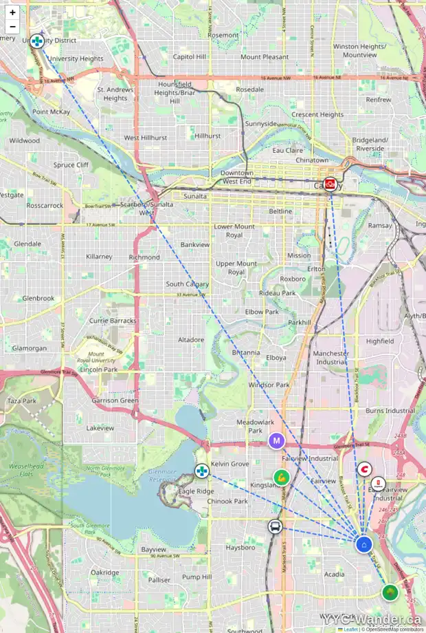 Daily accessibility map for 15 ARLINGTON PL SE, Calgary showing nearby schools, grocery stores, parks, LRT stations and nearby amenities