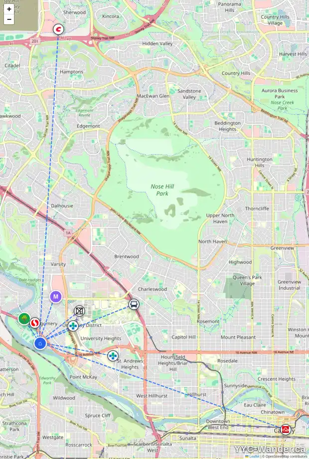 Daily accessibility map for 1408 HOME RD NW, Calgary showing nearby schools, grocery stores, parks, LRT stations and nearby amenities