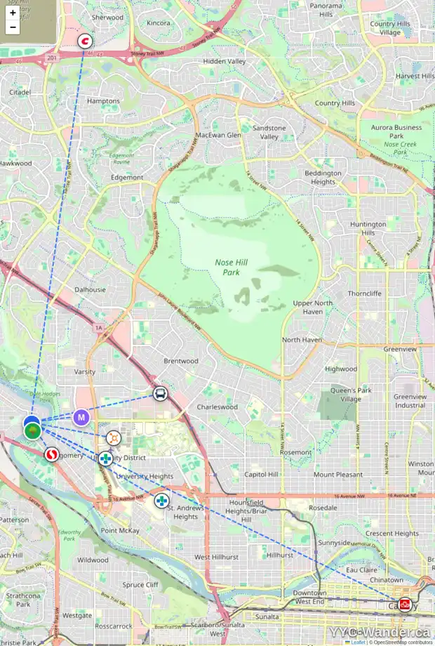 Daily accessibility map for 5812 BOWWATER CR NW, Calgary showing nearby schools, grocery stores, parks, LRT stations and nearby amenities