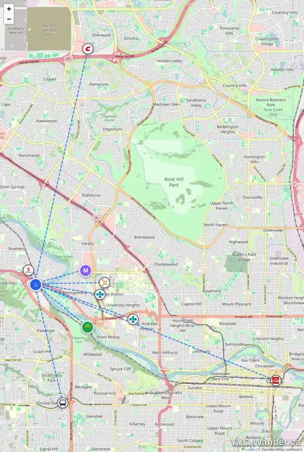 Daily accessibility map for 160 BOWDALE CR NW, Calgary showing nearby schools, grocery stores, parks, LRT stations and nearby amenities