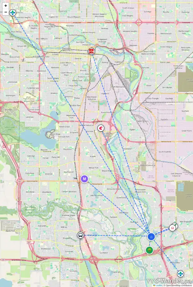 Daily accessibility map for 190 MT ROBSON CL SE, Calgary showing nearby schools, grocery stores, parks, LRT stations and nearby amenities