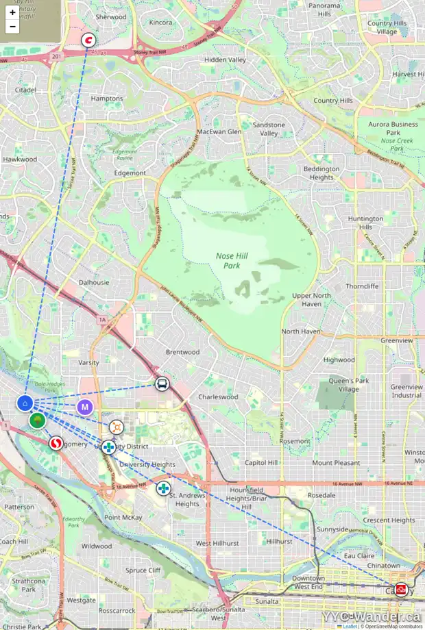 Daily accessibility map for 6148 BOWWOOD DR NW, Calgary showing nearby schools, grocery stores, parks, LRT stations and nearby amenities