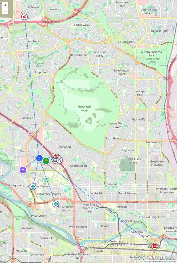 Daily accessibility map for 12 VARWOOD PL NW, Calgary showing nearby schools, grocery stores, parks, LRT stations and nearby amenities