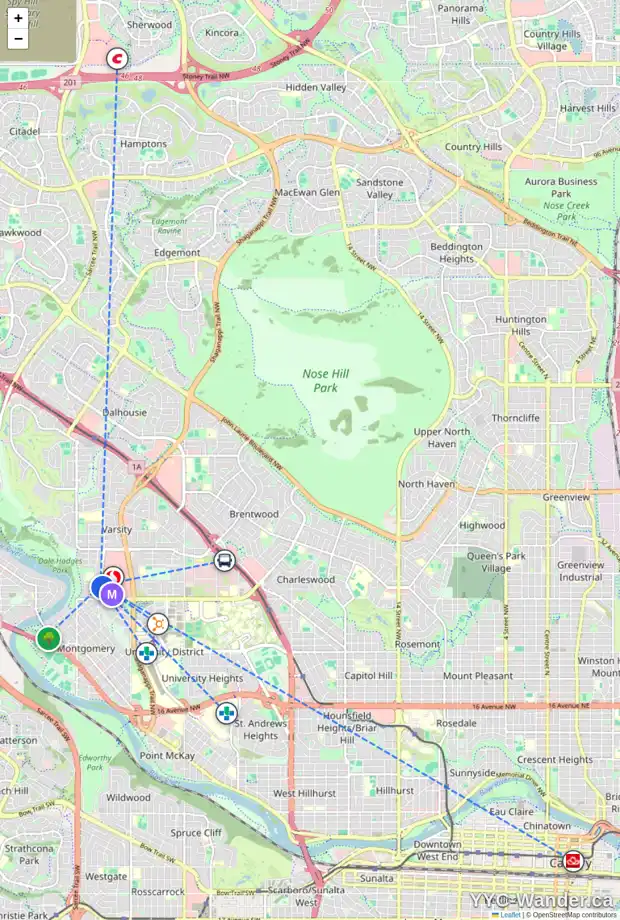 Daily accessibility map for 110 3420 50 ST NW, Calgary showing nearby schools, grocery stores, parks, LRT stations and nearby amenities