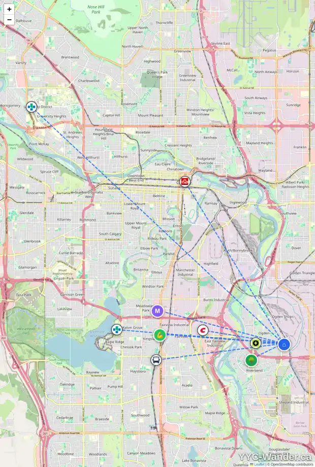Daily accessibility map for 7615 26A ST SE, Calgary showing nearby schools, grocery stores, parks, LRT stations and nearby amenities