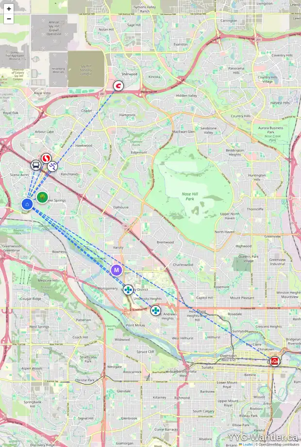 Daily accessibility map for 456 SCIMITAR BA NW, Calgary showing nearby schools, grocery stores, parks, LRT stations and nearby amenities