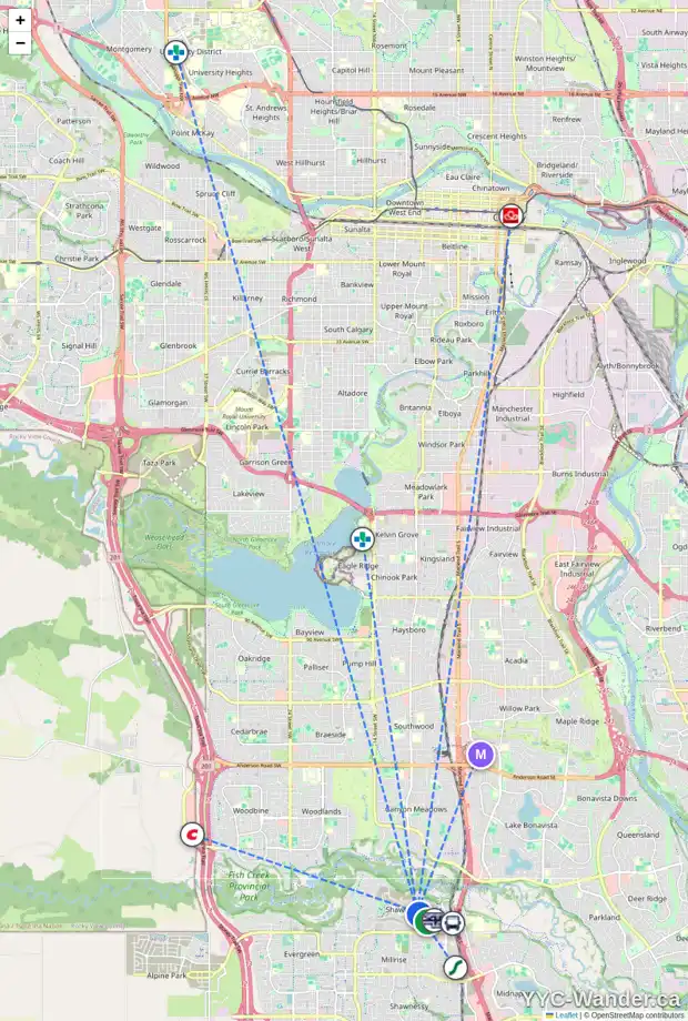 Daily accessibility map for 46 SHAWNEE CR SW, Calgary showing nearby schools, grocery stores, parks, LRT stations and nearby amenities