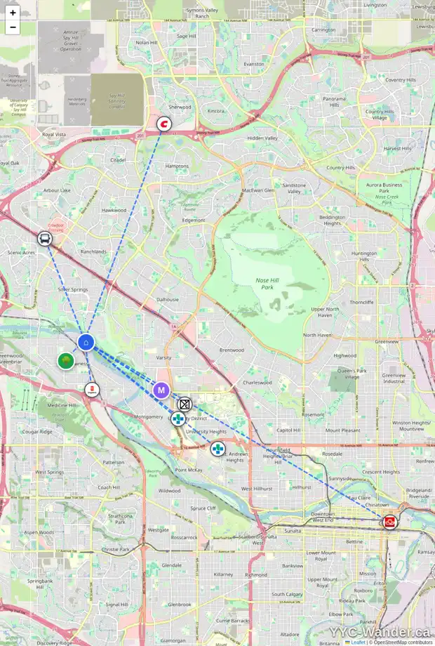 Daily accessibility map for 7132 BOW CR NW, Calgary showing nearby schools, grocery stores, parks, LRT stations and nearby amenities