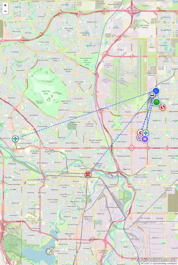 Daily accessibility map for 16 MARTINGLEN ME NE, Calgary showing nearby schools, grocery stores, parks, LRT stations and nearby amenities