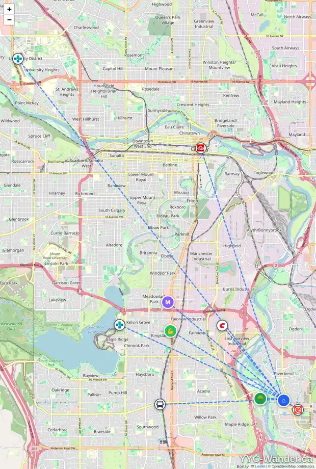 Daily accessibility map for 719 RIVERVIEW PL SE, Calgary showing nearby schools, grocery stores, parks, LRT stations and nearby amenities