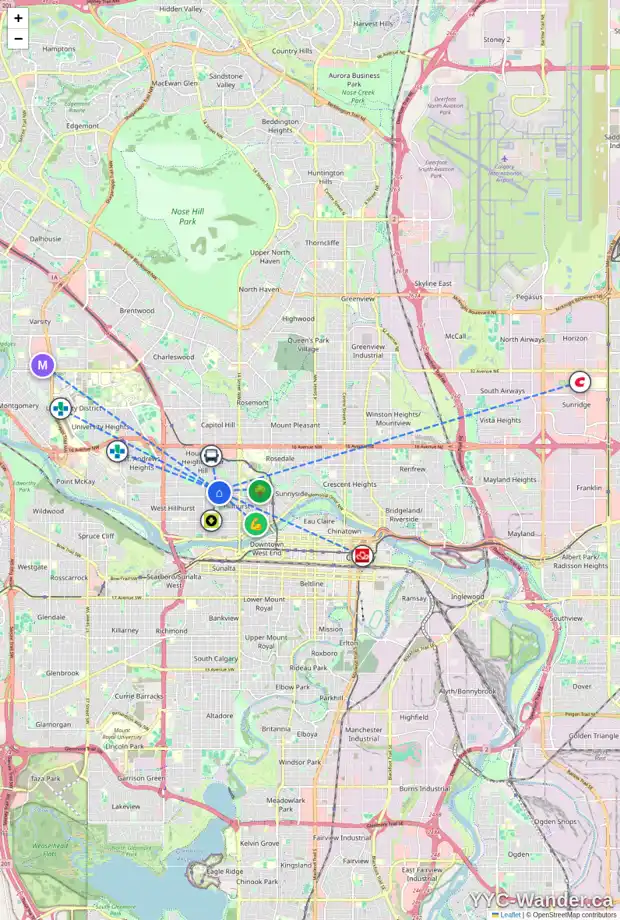 Daily accessibility map for 1761 7 AV NW, Calgary showing nearby schools, grocery stores, parks, LRT stations and nearby amenities