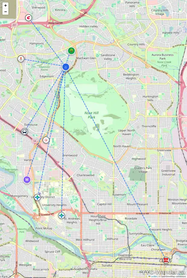 Daily accessibility map for 7 EDGEBROOK CI NW, Calgary showing nearby schools, grocery stores, parks, LRT stations and nearby amenities