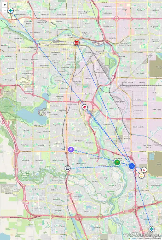 Daily accessibility map for 64 DOUGLAS RIDGE GR SE, Calgary showing nearby schools, grocery stores, parks, LRT stations and nearby amenities