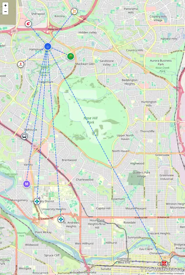 Daily accessibility map for 103 HAMPTONS LI NW, Calgary showing nearby schools, grocery stores, parks, LRT stations and nearby amenities