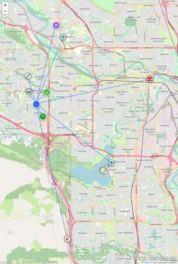 Daily accessibility map for 79 SIENNA HEIGHTS WY SW, Calgary showing nearby schools, grocery stores, parks, LRT stations and nearby amenities