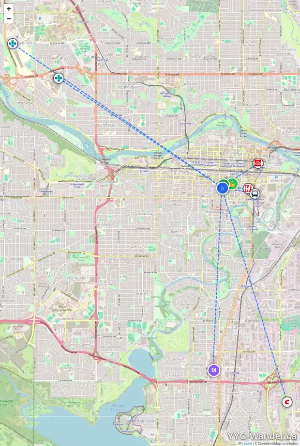 Daily accessibility map for 302 340 14 AV SW, Calgary showing nearby schools, grocery stores, parks, LRT stations and nearby amenities