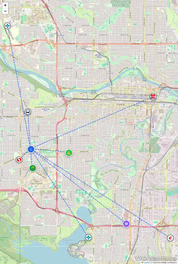 Daily accessibility map for 389 KILLARNEY GLEN CO SW, Calgary showing nearby schools, grocery stores, parks, LRT stations and nearby amenities