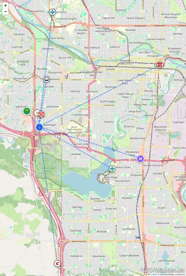 Daily accessibility map for 123 GLADSTONE GD SW, Calgary showing nearby schools, grocery stores, parks, LRT stations and nearby amenities