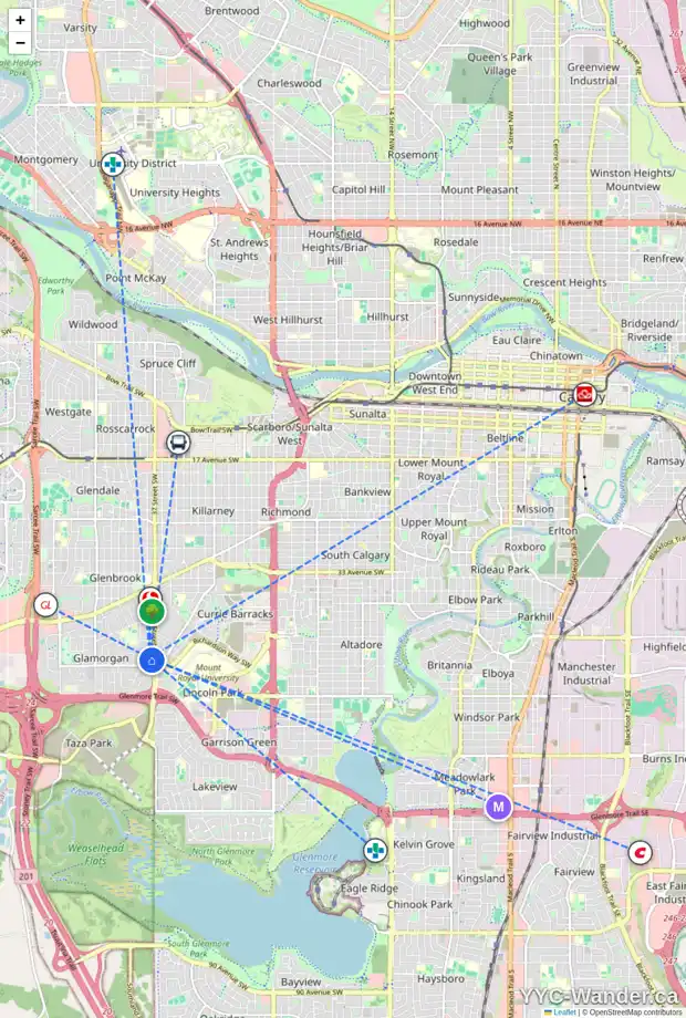 Daily accessibility map for 22 GREENWOOD CR SW, Calgary showing nearby schools, grocery stores, parks, LRT stations and nearby amenities