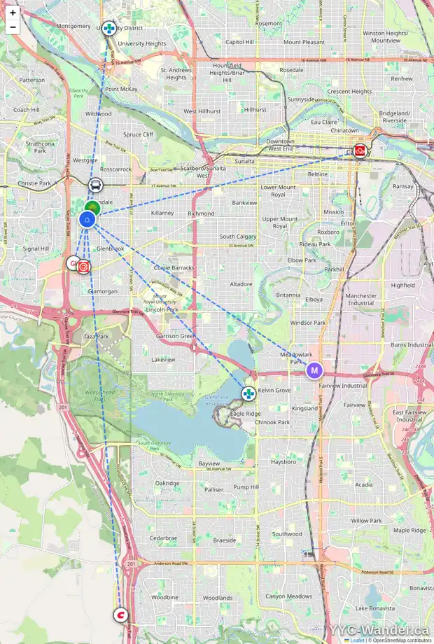 Daily accessibility map for 2703 49 ST SW, Calgary showing nearby schools, grocery stores, parks, LRT stations and nearby amenities