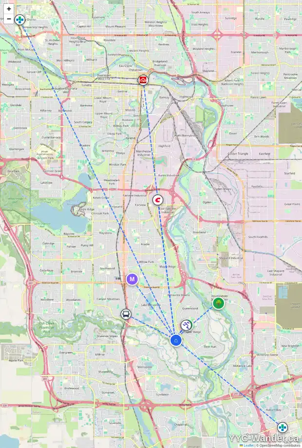 Daily accessibility map for 319 PARKLAND WY SE, Calgary showing nearby schools, grocery stores, parks, LRT stations and nearby amenities
