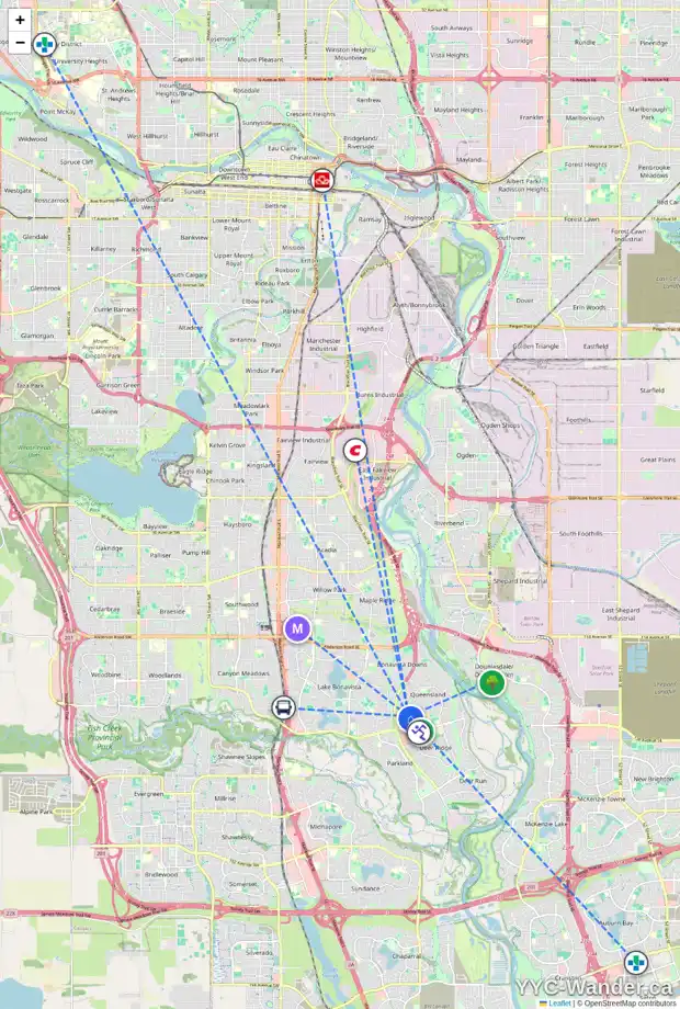 Daily accessibility map for 205 QUEENSLAND DR SE, Calgary showing nearby schools, grocery stores, parks, LRT stations and nearby amenities