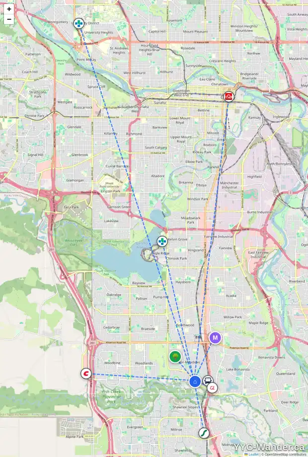 Daily accessibility map for 144 CANTRELL DR SW, Calgary showing nearby schools, grocery stores, parks, LRT stations and nearby amenities