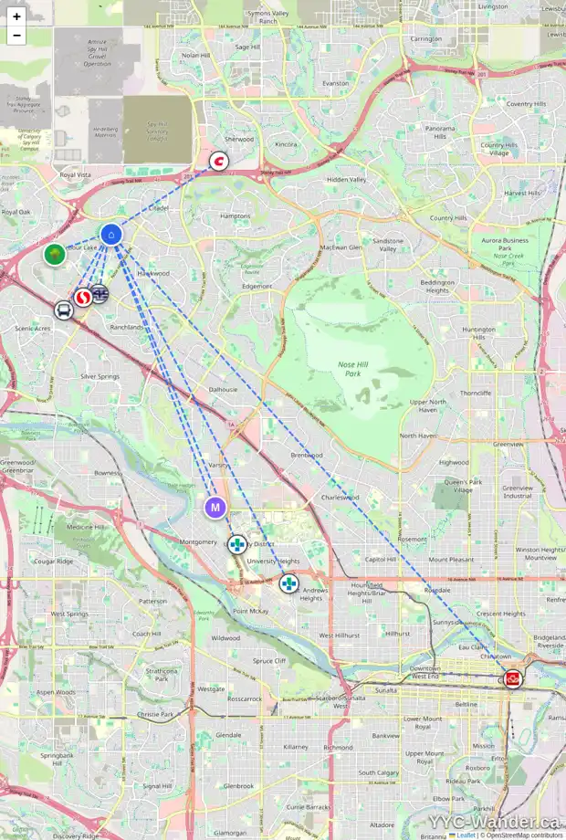 Daily accessibility map for 19 ARBOUR RIDGE HT NW, Calgary showing nearby schools, grocery stores, parks, LRT stations and nearby amenities