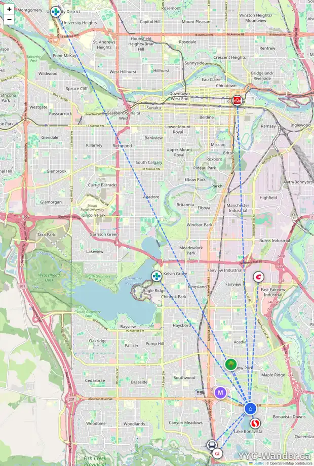 Daily accessibility map for 627 LAKE LINNET CR SE, Calgary showing nearby schools, grocery stores, parks, LRT stations and nearby amenities