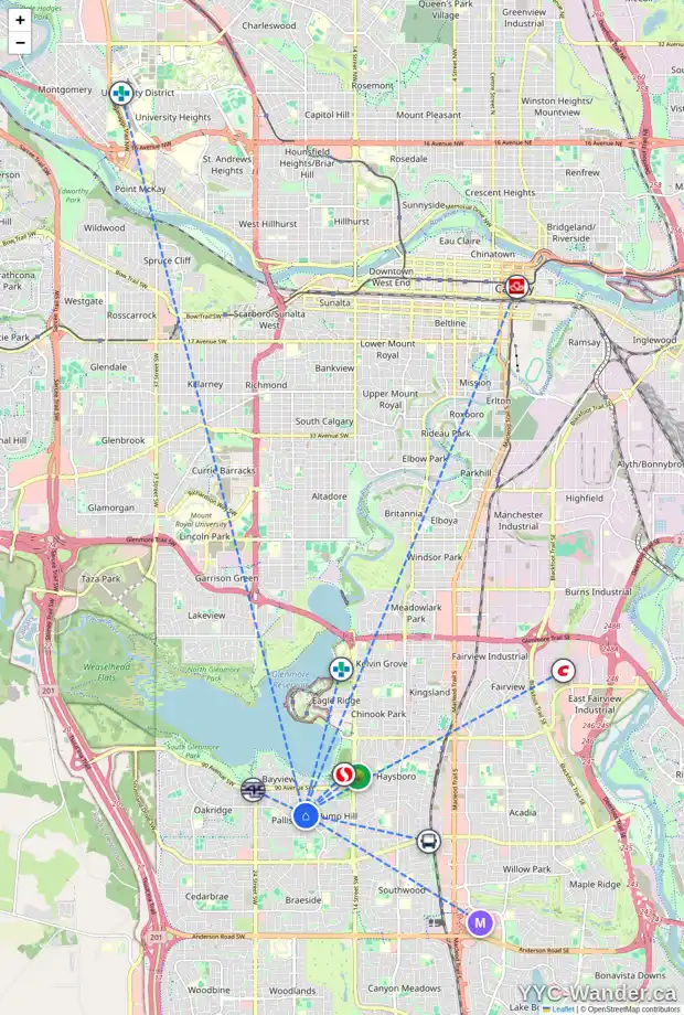 Daily accessibility map for 9611 19 ST SW, Calgary showing nearby schools, grocery stores, parks, LRT stations and nearby amenities