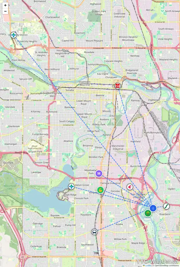 Daily accessibility map for 280 RIVERBEND DR SE, Calgary showing nearby schools, grocery stores, parks, LRT stations and nearby amenities