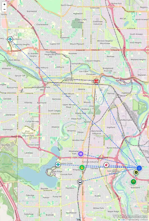 Daily accessibility map for 7232 20 ST SE, Calgary showing nearby schools, grocery stores, parks, LRT stations and nearby amenities