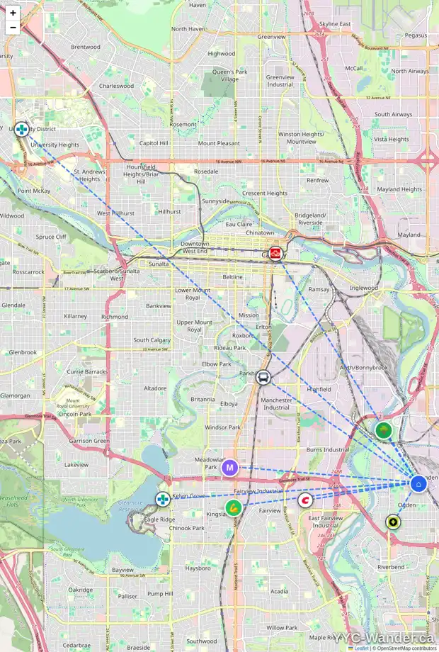 Daily accessibility map for 2248 CRESTWOOD RD SE, Calgary showing nearby schools, grocery stores, parks, LRT stations and nearby amenities