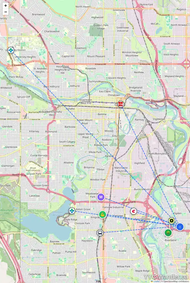 Daily accessibility map for 7845 21A ST SE, Calgary showing nearby schools, grocery stores, parks, LRT stations and nearby amenities