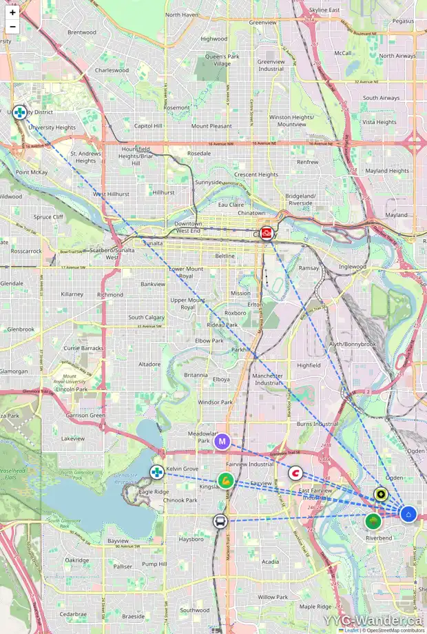 Daily accessibility map for 1104 OLYMPIA DR SE, Calgary showing nearby schools, grocery stores, parks, LRT stations and nearby amenities