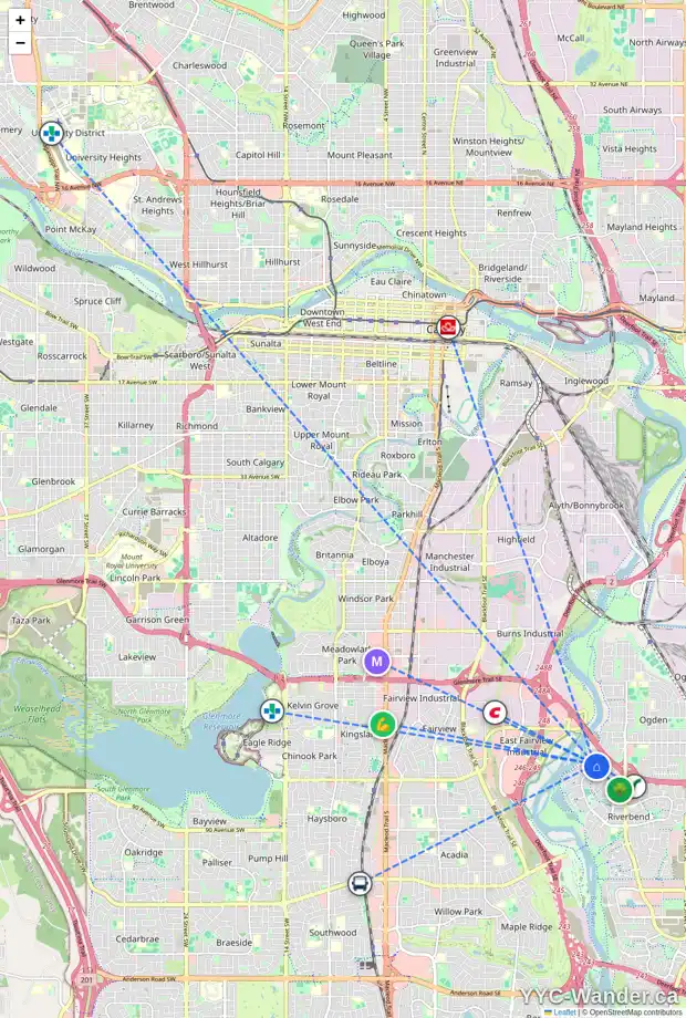 Daily accessibility map for 63 RIVERSIDE RD SE, Calgary showing nearby schools, grocery stores, parks, LRT stations and nearby amenities