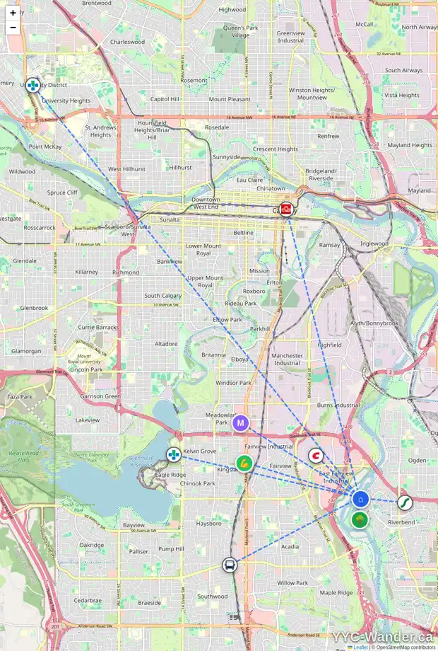 Daily accessibility map for 129 RIVERSIDE CI SE, Calgary showing nearby schools, grocery stores, parks, LRT stations and nearby amenities