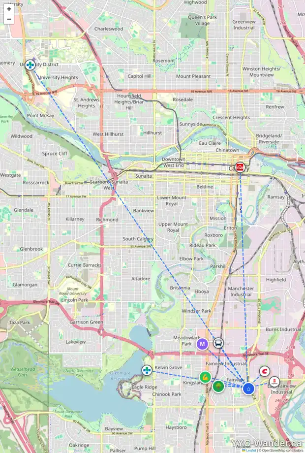 Daily accessibility map for 120 FYFFE RD SE, Calgary showing nearby schools, grocery stores, parks, LRT stations and nearby amenities