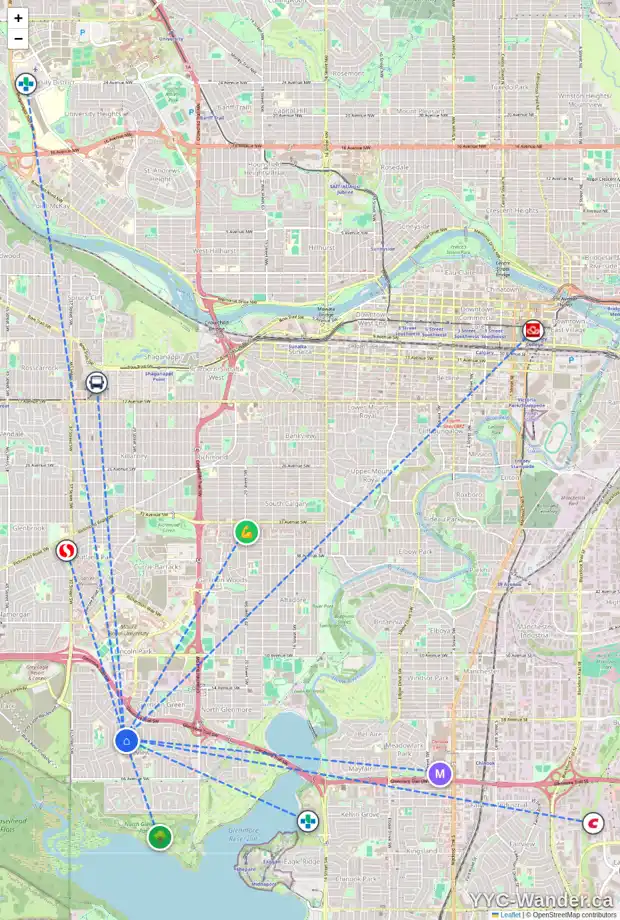 Daily accessibility map for 3455 LANE CR SW, Calgary showing nearby schools, grocery stores, parks, LRT stations and nearby amenities