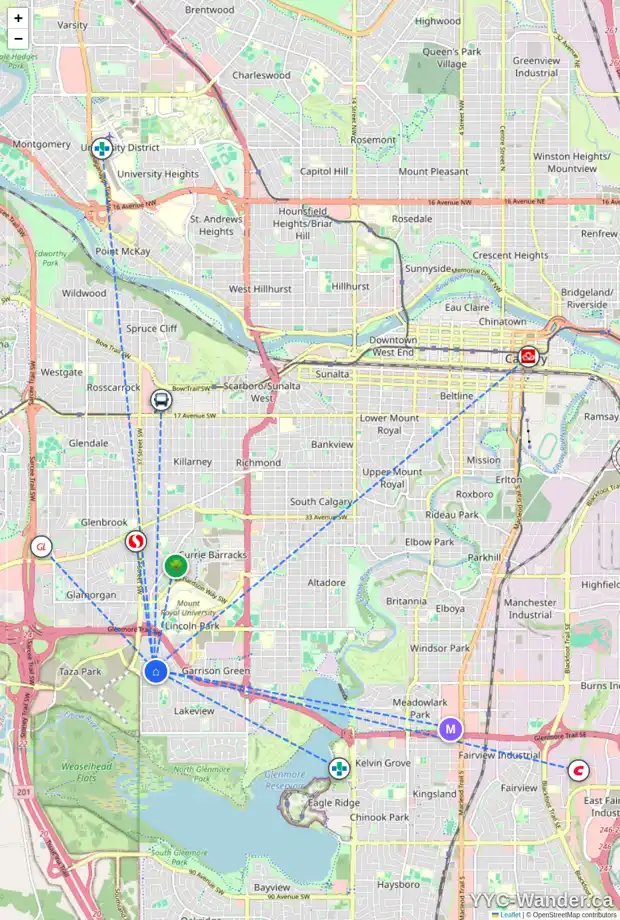 Daily accessibility map for 5615 LODGE CR SW, Calgary showing nearby schools, grocery stores, parks, LRT stations and nearby amenities