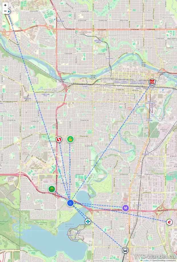 Daily accessibility map for 6407 20 ST SW, Calgary showing nearby schools, grocery stores, parks, LRT stations and nearby amenities