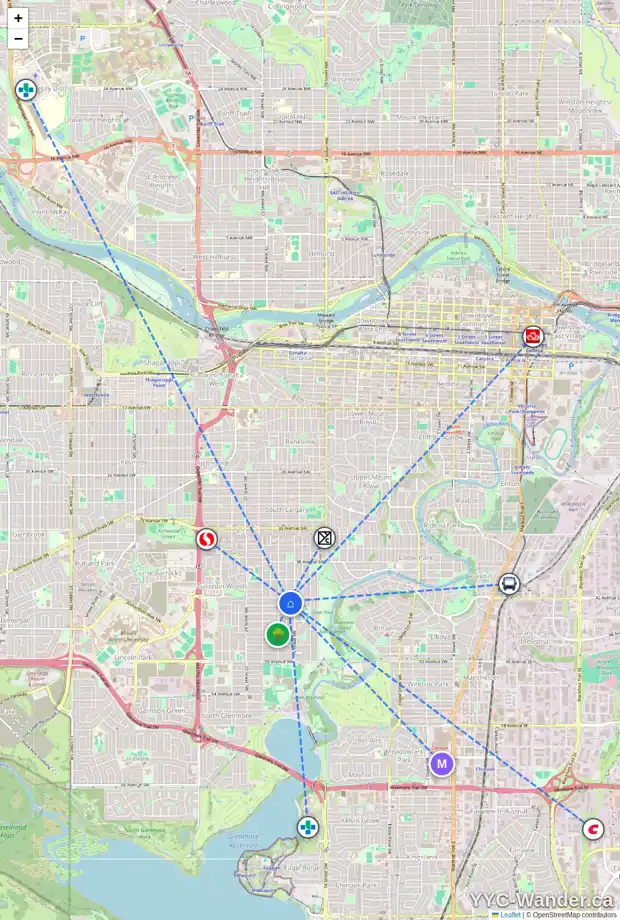 Daily accessibility map for 4314 16A ST SW, Calgary showing nearby schools, grocery stores, parks, LRT stations and nearby amenities
