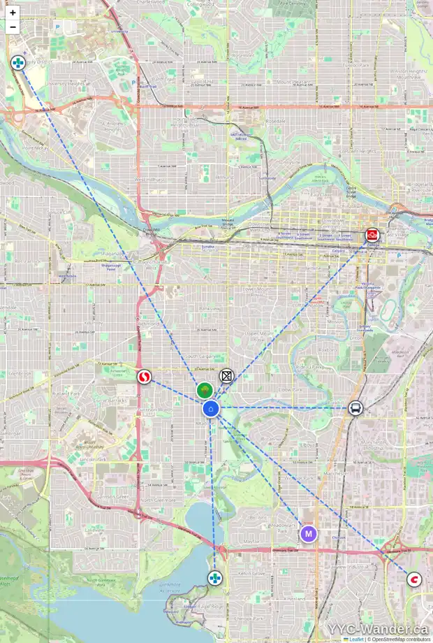 Daily accessibility map for 4111 15A ST SW, Calgary showing nearby schools, grocery stores, parks, LRT stations and nearby amenities