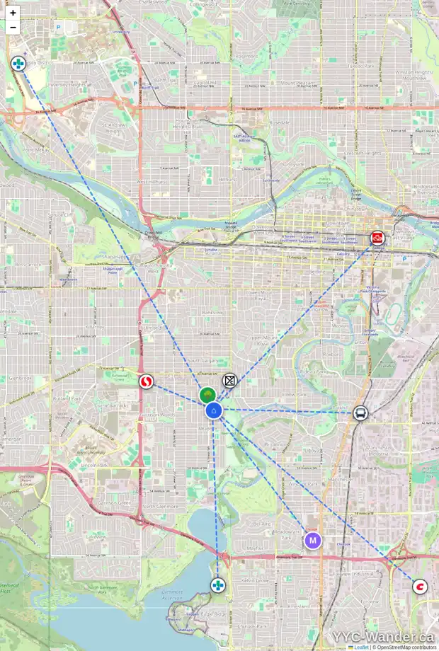 Daily accessibility map for 4027 15A ST SW, Calgary showing nearby schools, grocery stores, parks, LRT stations and nearby amenities