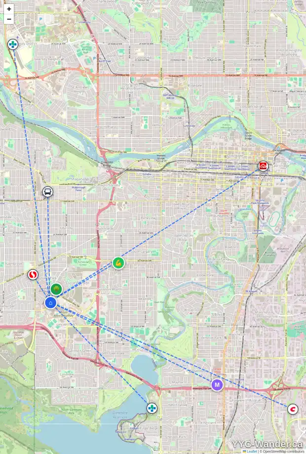 Daily accessibility map for 4456 RICHARDSON RD SW, Calgary showing nearby schools, grocery stores, parks, LRT stations and nearby amenities