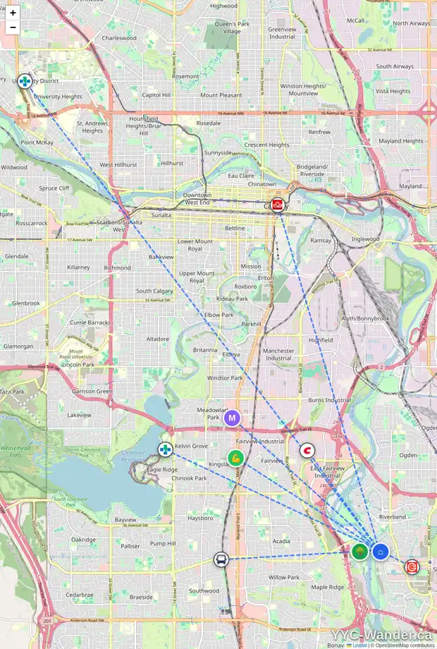 Daily accessibility map for 199 RIVERVIEW CI SE, Calgary showing nearby schools, grocery stores, parks, LRT stations and nearby amenities